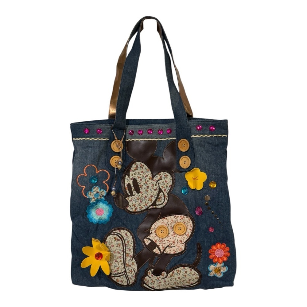 Vintage Disney World Parks Denim Mickey Mouse Tote Bag Floral Embellished
